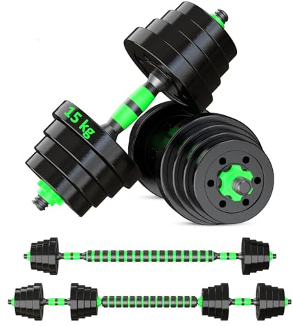 Reformor Kurzhanteln Verstellbar - 15 kg Hantel Set, Dumbbell Set mit Schraubverschlüssen, Langhantel & Gewichten, Multifunktionell Hanteln set, Grün