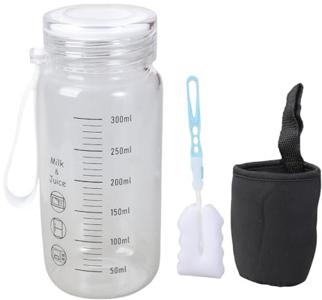 Lerpwige Botella de vidrio de borosilicato de 300 ml con marcas de escala, vaso con funda para taza y tapa, esencial para el gimnasio