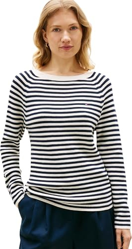 Tommy Hilfiger Jersey Mujer Cardi Fine con Cuello Barco, Multicolor (Ivory Petal/Dark N Navy STP), XS