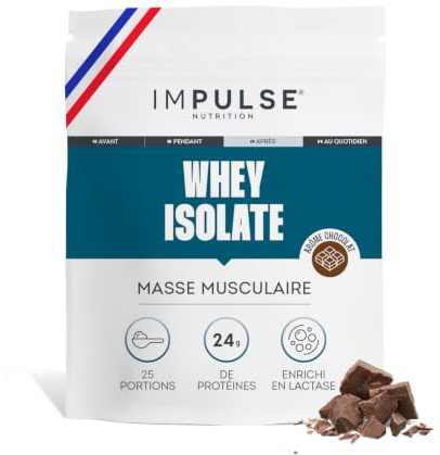 Impulse Nutrition - Whey Isolate Chocolat - 24g Protéines/Portion - 750g | Masse Musculaire - Enrichie Lactase Digestion Facilitée - 80g Protéines/100g - Sans Arôme Artificiel - Fabriqué en France