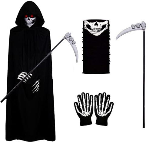 MmmLucipor Reaper Costume Set, Death Cloak Halloween Grim Reaper Outfit with Hood Mask Sickle Gloves Cosplay Carnival Halloween (kindA)