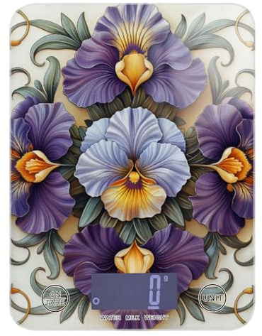 Iris - Bilancia da cucina con motivo floreale, stile vintage, per la preparazione dei pasti, 5 kg/5 g, graziosa bilancia da cucina per uso domestico, con 4 unità per spezie e spezie da forno digitale