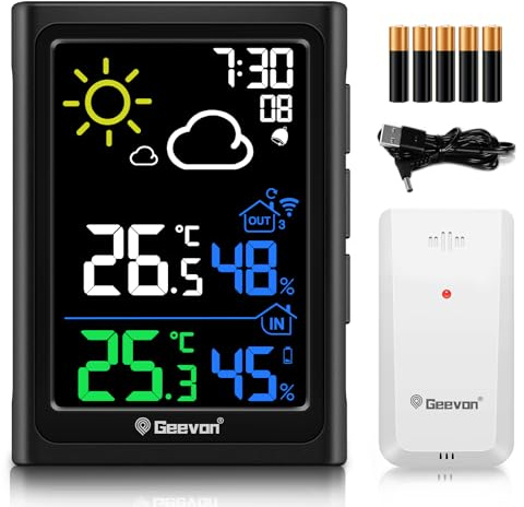 Geevon Weather Station Wireless with Outdoor Sensor, Digital Indoor Outdoor Thermometer Hygrometer with Weather Forecast, Alarm, Max/Min Record (246278 VA Battetries No MSF)