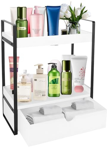 unbholkk Badezimmer Organizer, 2-stöckiger Arbeitsplatte mit Schublade, Holz-Thekenregal zur Aufbewahrung, 2 Regalböden, Arbeitsplatten-Regal, Badezimmer, Küche, Büro, Weiß