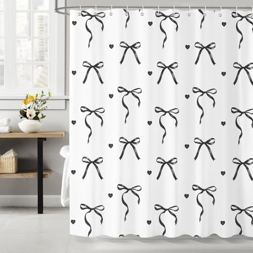 Cortina de Ducha Negro Blanco Lazo 180 x 180 cm, Lindo Niña Lazo Elegante Cortina de Baño, Impermeable Antimoho Poliéster con 12 Ganchos