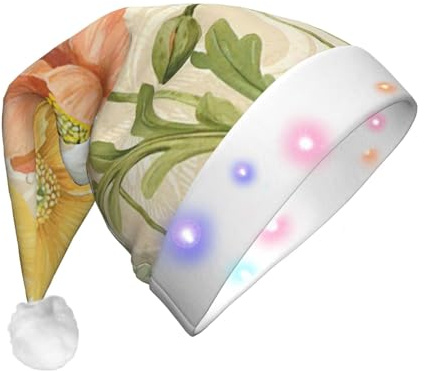 ENGhjes Weihnachtsmütze mit Mohnblumen, leuchtende Weihnachtsmütze, Samt-Weihnachtsmannmütze mit LED-Lichtern, für Erwachsene