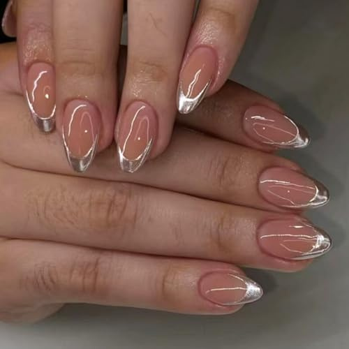 French Tip False Nails - 30pcs French Press on Nails - Natural Simple Style - Acrylic Nails Glossy Pink with Silver Tips Designs for Women Girls Daily Wear (Silver French)