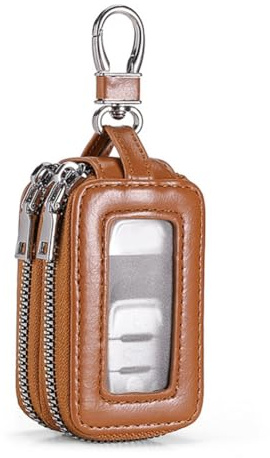 Helilyco Funda para llaves de coche con ventana transparente, doble cremallera, de piel, protector de llaves, color negro