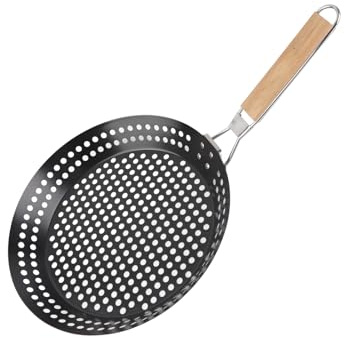 Aumotop Tragbare Grillpfanne aus Metall mit Holzgriff, Antihaftbeschichtete Grillpfanne für Gemüse, Meeresfrüchte, Fleisch, Leicht zu Verstauende Zum Kochen Am Lagerfeuer