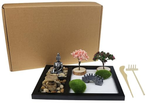 Sand Garden Kit Zen Sand Tray Mini Garden for Desk Zen with Rakes, Buddha Figures & Accessories Meditati on Office Decor Style 1