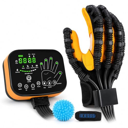 LeuKoles Hand Rehabilitation Roboter Handschuhe für Schlaganfall & Hemiplegie, Finger Therapiegerät mit 4 Modi, 8 Intensitätsstufen, Einzelfingersteuerung, 2600mAh Akku