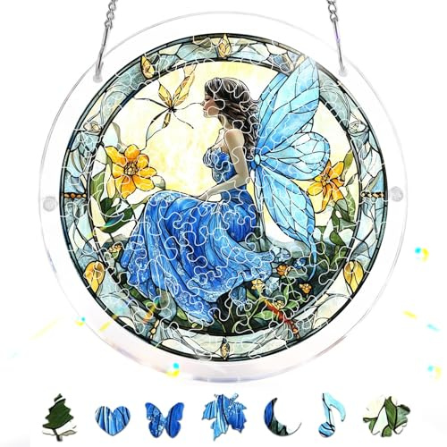 Bimkole 83 Pieces Acrylic Jigsaw Puzzle Suncatcher - Angel, Stained Glass Window Hanging Pendant, Home Decor Creative Mom Gifts, Sun Catcher Decor for Garden Home Birthday Gifts 18 cm