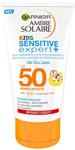 Garnier Kids Sensitive expert+ Ambre Solaire Lait Solaire pour Enfants Wet Skin SPF 50, Pénètre Rapide, Extra Waterproof, 1 Pack (1 x 150 ml)