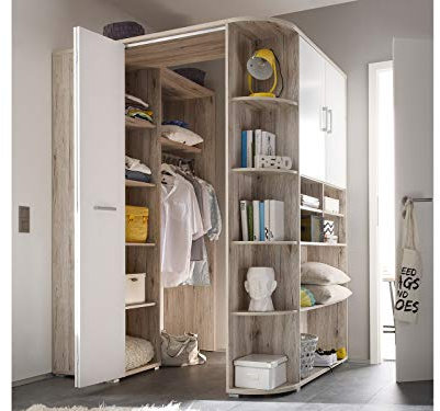 möbelando Kleiderschrank Eckschrank Schlafzimmerschrank Schrank begehbar Lasmos I Sandeiche/Weiß