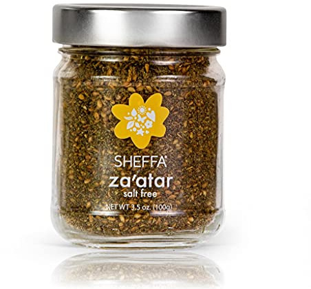 Sheffa Zaatar SALT Free Spice Blend Aromatic Hyssop Seasoning (3.5oz Glass Jar) Traditional Middle Eastern Zesty Zatar Mix of Thyme, Sumac and Sesame Seeds (z, zahtar, za’atar, zataar) Gluten Free