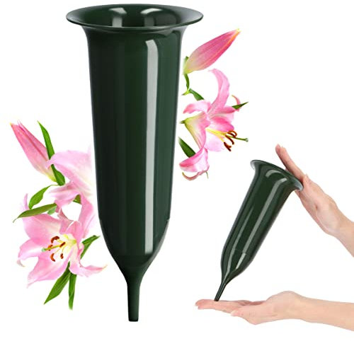 KADAX Vaso per tomba, in plastica, per fiori, vaso di plastica, resistente alle intemperie, per cimitero, resistente al gelo (10 cm, con picchetto, verde)
