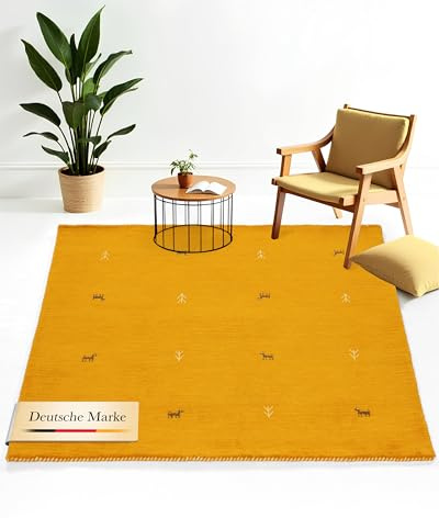 carpetfine Wollteppich Gabbeh Uni Quadratisch Gelb 60x60 cm | Moderner Teppich für Wohn- und Schlafzimmer
