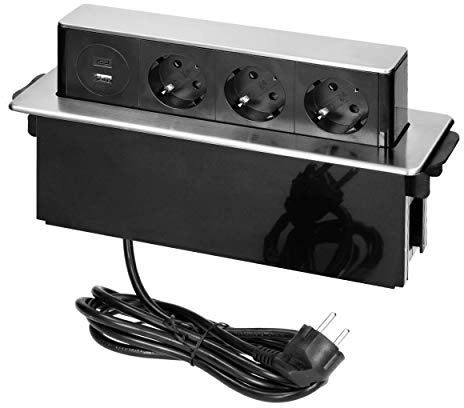 ORNO GM-9014(GS)/B-G infällbar installation grenuttag 3-vägs med 2 x USB 3680 W redo att anslutas med 2 m kabellängd Schukokabel, färg: svart och silver (3 kortplatser)