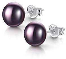Amberta Pendientes de Botón para Mujer en Plata de Ley 925 con Perlas de Agua Dulce: Perla Negra 7-8 mm