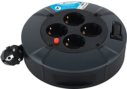 Electraline 49076 - Cassapanca per cavi, 4 scomparti, 4M, IP20, avvolgicavo per interni, con 4 prese Schuko, scatola con cavo di prolunga, avvolgicavo con manovella, nero