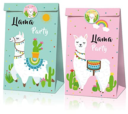 12er-Pack Geschenktüten mit Alpaka-Muster, Papiertüten mit Kaktus-Thema, Süßigkeitentüten mit Aufklebern, Geburtstagsfeierzubehör Goody Bags, Bridal Shower Party Geschenktüten