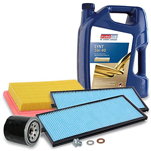 BESTPRICE Inspektionspaket Filterset mit 1x Ölfilter; 1x Luftfilter; 2x Innenraumfilter; 1x Ölablassschraube mit Dichtring; 1x Motoröl 5W-40 EUROLUB 5 l, KOMPATIBEL MIT - HYUNDAI GETZ (TB)