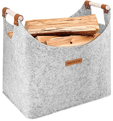 XL Brennholzkorb Filzkorb Extra dicker Filz und verstärkter Griff | Faltbarer Holzkorb Filztasche für Einkauf, Holz, Zeitung oder Brennholz (Hellgrau)
