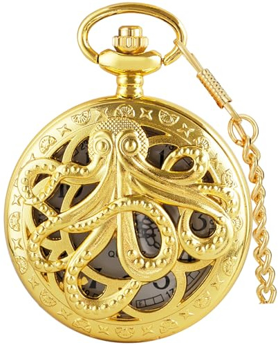 Tiong Vintage Octopus Hohle Quarz Taschenuhr mit Halskette Kette Einzigartiger Anhänger für Weihnachten Geburtstagsgeschenke