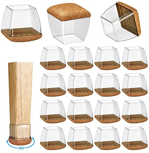 16 Pack Chair Leg Floor Protectors for Hardwood Floors, Round Rubber Furniture Sliders, 360°Felt Pad Bottom Wrapped Thickening Silicone Furniture Legs Caps Covers(Square,Clear-Brown-L Plus)