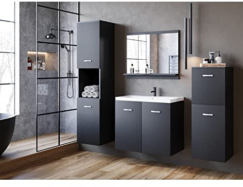 MINIO go for it - Badmöbel Set 4-Teilig Molo, Badezimmer Spiegel mit Ablage | 1x Waschtisch mit Unterschrank, 2x Hängeschrank, Badezimmermöbel Set - Laminierte Spannplatte, Schwarz Graphit