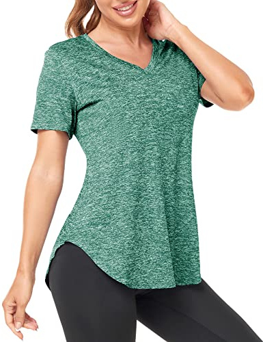 Deaviya Sport T-shirt, dam, fitness, sportskjorta, kortärmade toppar, v-ringad löpartröja för kvinnor, träning, gym yoga tröja dam, Grön, M