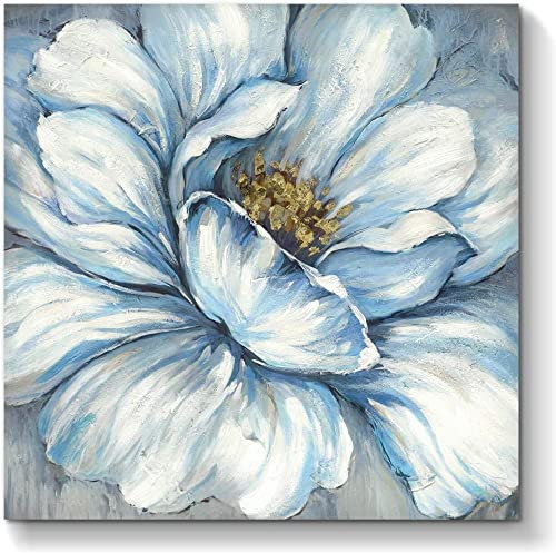 Acrylbilder, Moderne Abstrakte Blaue Textur Blühende Pfingstrose Blume Goldfolie Staubblatt Luxus-Kunstwerk Rahmenlose Hand-Ölgemälde Auf Leinwand Wandkunst Für Wohnzimmer Schlafzimmer Büro He