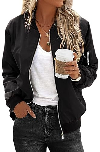 Zeagoo Veste Bomber Femme Noire Blouson Court Veste Légère Femme Pilote Blouson Aviateur Basique Léger Vintage Automne Printemps Sweatjacke Mince Veste Été M