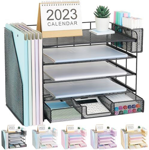Gugsey Schreibtisch-Organizer mit Aktenhalter, 5-stöckige Papier-Briefablage, Datei-Organizer mit Schublade und Stifthalter, Metall-Schreibtisch-Büro-Organisation und Aufbewahrung für Schule,