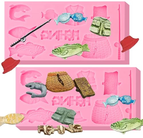 ICOCONG Mini Fishing Tool Silicone Mold,Fish Shrimp Fisherman Fish Box Clothes Cake Decoration Fondant Mold,for Chocolate,Candy,Sugar Craft,Flower Paste,Mousse,Diy Plaster,Soap,Clay,Resin