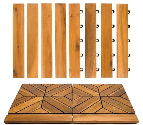 Majestick Goods 8-Pack Acacia Wood Straight Edge Interlocking Deck Tiles | Acacia Hardwood Border for Patio Flooring, Outdoor Deck, Garden, Balcony and Walkway, Easy Installation, 12x1x0.9 in, Brown