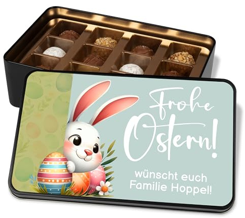 True Statements Pralinendose Ostern personalisiert – 12 Pralinen in Metalldose mit Ostermotiv – Individuelles Ostergeschenk mit Namen