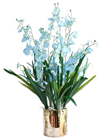 CRBUDY Künstliche Blumen in der Vase, wunderschöne künstliche Seide, tanzende Orchidee mit Keramikvase für Zuhause, dekorative Kunstblume (Farbe: Gelb, Größe: 65 cm) (blau 58 c