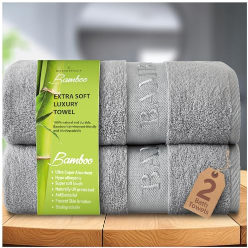 GC GAVENO CAVAILIA Bamboo Bath Towels Set | Pack of 2 Ultra Absorbent Big Bath Towels | 550 GSM Quick Drying Anti Bacterial Shower Towels | Silver 70x120 Cm