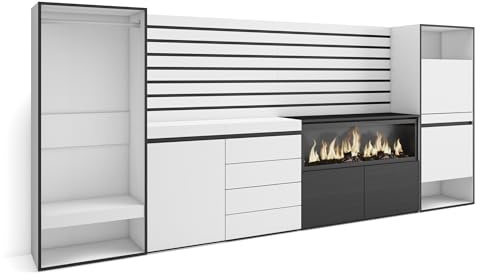 Skraut Home | Sideboard, Kommode | Aufbewahrungsschrank | 334x145x35 cm | Für Schlafzimmer | Elektrokamin XXL | Kommode mit Schubladen | Schuhschrank | Offener Kleiderschrank | Moderner Stil | Weiß