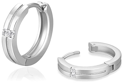 KRKC Silber Kreolen Hoop Ohrringe, 15mm Weißgold Vergoldet S925 Sterling Silber Ohrringe, Nickel-frei Creolen für Herren Männer(CZ Stein-Silber)