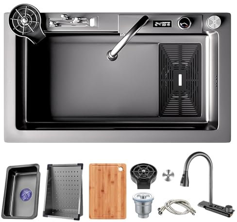 Fregadero De Cocina De Un Solo Tazón Con Cascada Grande, Fregadero De Cocina Inteligente De Acero Inoxidable, Fregadero Multifuncional Para Estación De Trabajo, Con Grifo Extraíble(80x45x22cm)