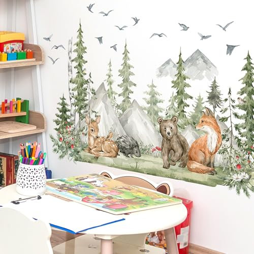 anneratteryer Adesivi Murali Soggiorno carta da parati adesiva muro bambini Grande Alberi Foresta Sticker da Muro Animali del Bosco Orso Cervo Pino Adesivi da Parete per Asilo Nido Camerette Bambin