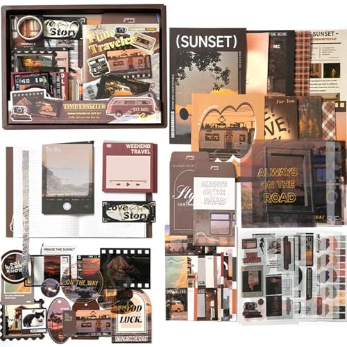 BetterJonny 237 Stück Scrapbook Zubehör Set - Ästhetisches Papier Mit A6 Raster Notizbuch, Aufkleber, DIY Geschenk für Teenager, Zeitreisender