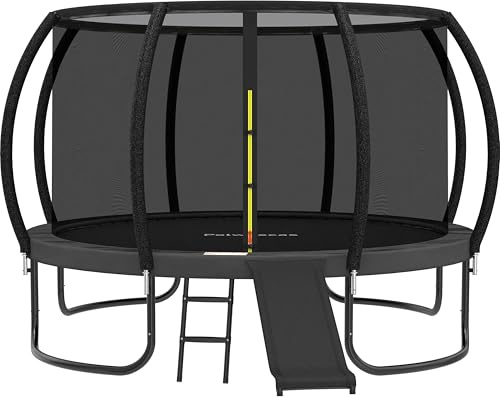 Polwkscas Trampolines 12FT 14FT Trampoline with Slide Safety Enclosure Net, Outdoor Trampoline for Kids and Adults with Heavy Duty Jumping Mat and Spring Cover Pad, ASTM Approved (Black, 14FT)
