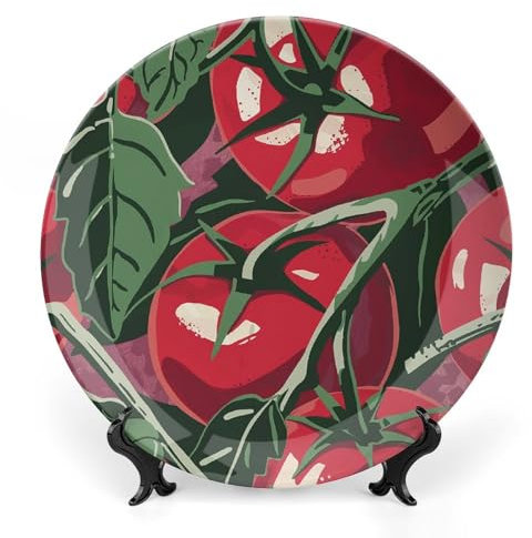 QWJKM Dekorative Teller aus Knochenporzellan, mit rotem Tomatenmuster, 17,8 cm, bedrucktes Muster, Keramikteller mit vertikalem Ständer, rund, Porzellan, elegante Kunsthandwerk für Damen und Herren,