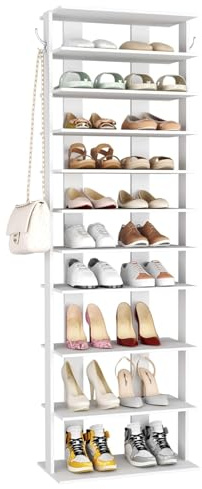HOME BI 11-Tier Corner Shoe Tower - Double Rows, Slim Shoe Stand for 22 Pairs, Wooden Shoe Storage Shelf for Entryway, Hallway, Closet, White