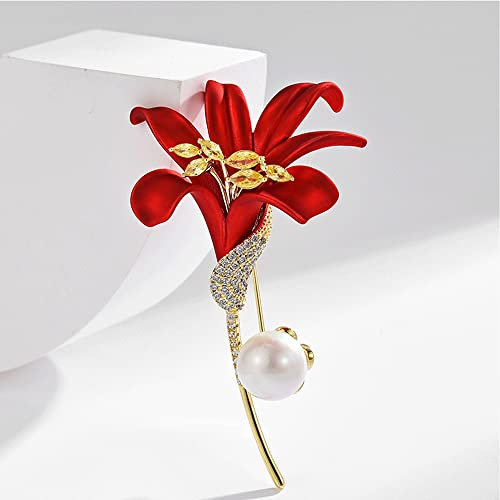 Rote Lilie Brosche weiblich Tropfen Öl Blumen Corsage Anzug Mantel Perlen Pins Zubehör