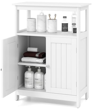 COSTWAY Badezimmerschrank mit Doppeltür & Ablagen, Badschrank mit verstellbarem Regal, Badkommode freistehend aus Holz, Unterschrank Aufbewahrungsschrank für Bad, Wohnzimmer, 60 x 30 x 80cm (Weiß)