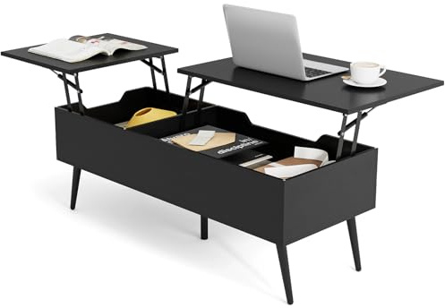RELAX4LIFE Tavolino da Caffè Sollevabile con Portaoggetti, Tavolino Salotto, con Piano a Doppia Alzata e Scomparti Nascosti, 5 Gambe in Metallo, 111×48×40-54cm, per Soggiorno, Max 75kg (Nero)